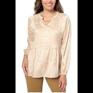 Isaac Mizrahi Live! Women's Jacquard Shirred Peplum Blouse Chai Brown - Regular